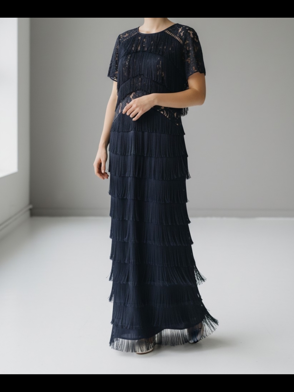 Phase Eight Astraea Navy Blue Fringe Lace Maxi Dress Gatsby Style Sz 14